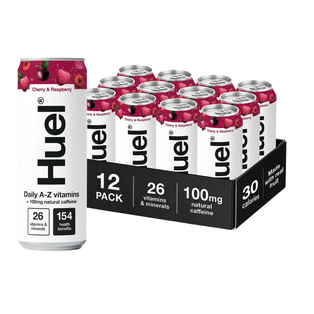 Huel Cherry & Raspberry Daily A-Z Vitamins Energy Drink can on a countertop