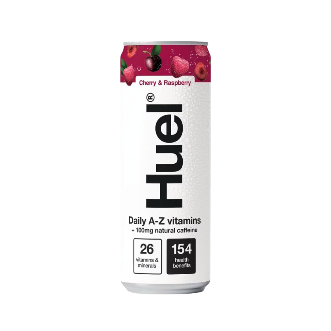 12-pack of Huel multivitamin sparkling drinks in cherry and raspberry flavour