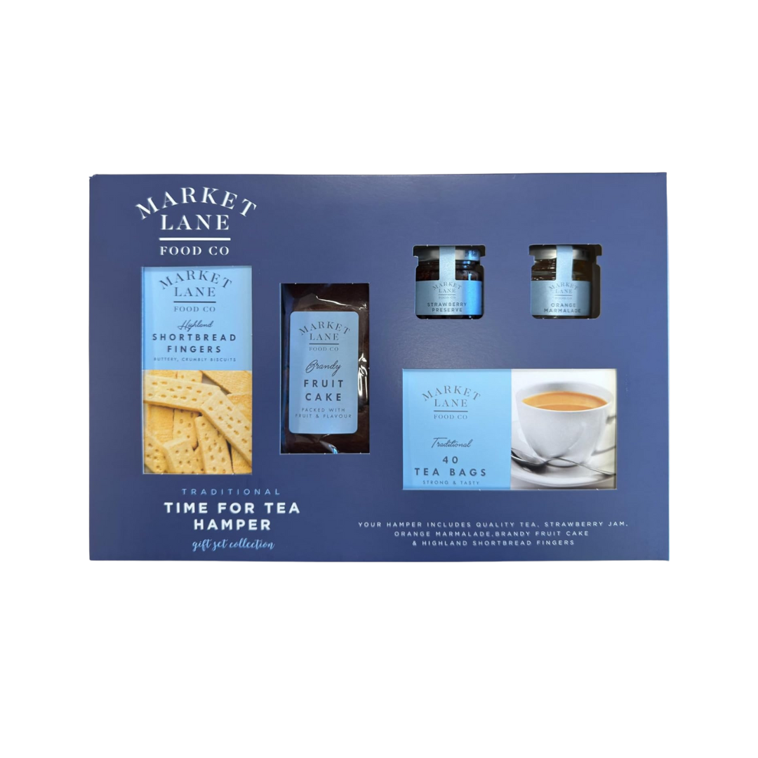 Market Lane Time For Tea Hamper Gift Set with tea, jam, and shortbread