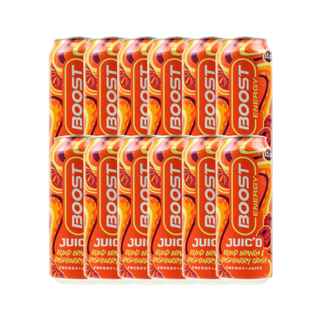 Pack of Boost Energy Juic'd drinks in red and orange packaging on a white background