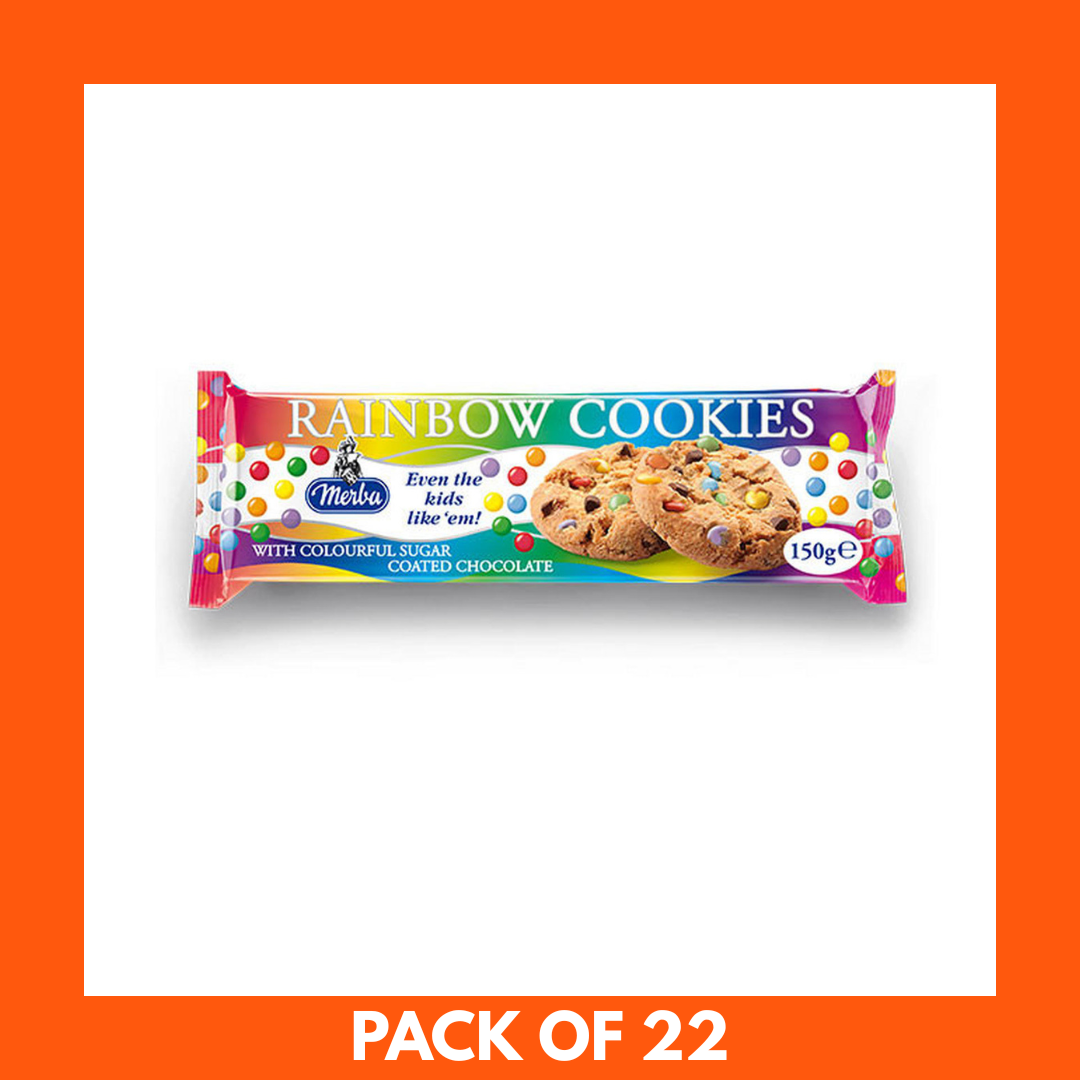 Packaging of Rainbow Cookies with colorful design on an orange background