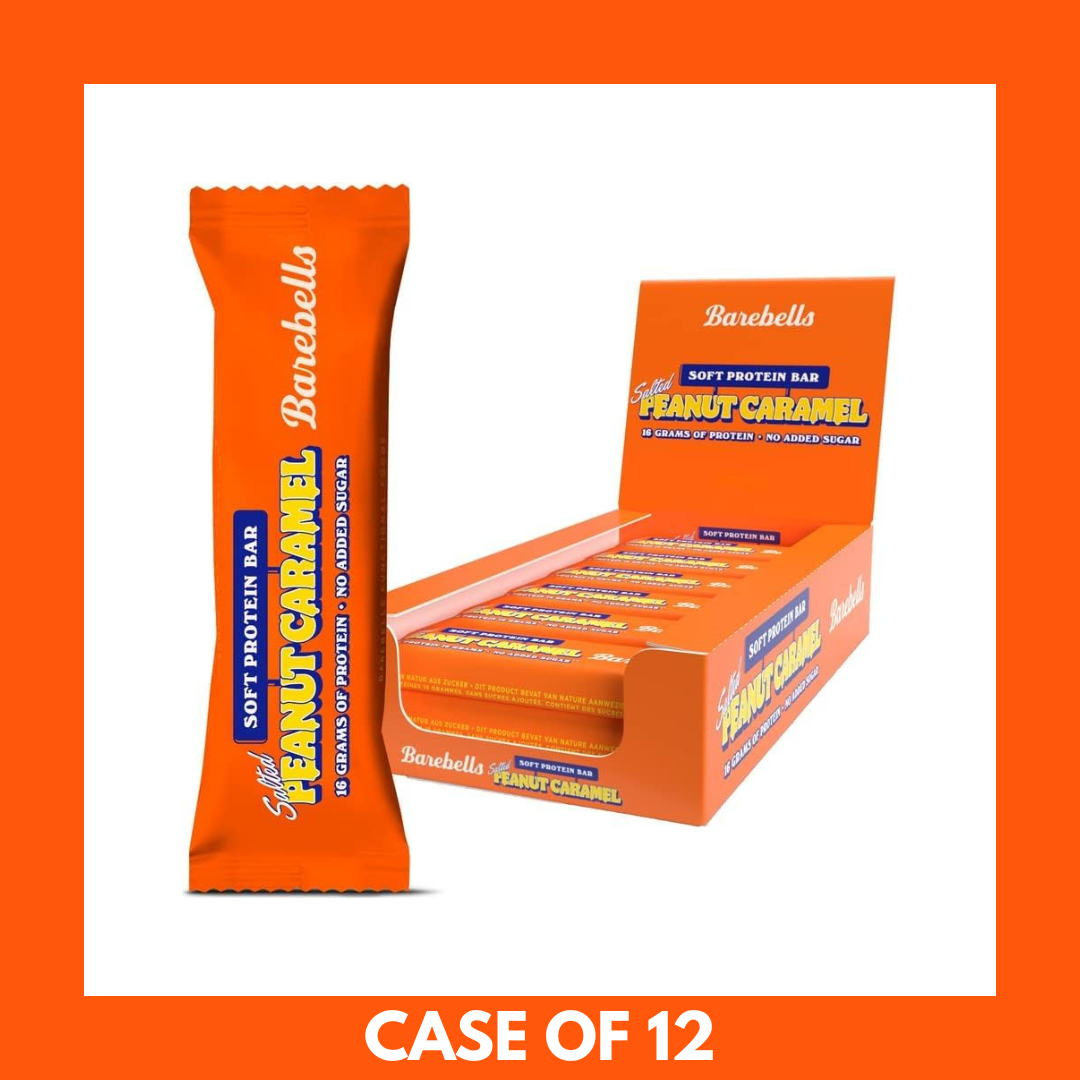 Barebells Peanut & Caramel Protein Bar unwrapped showing peanut and caramel layers