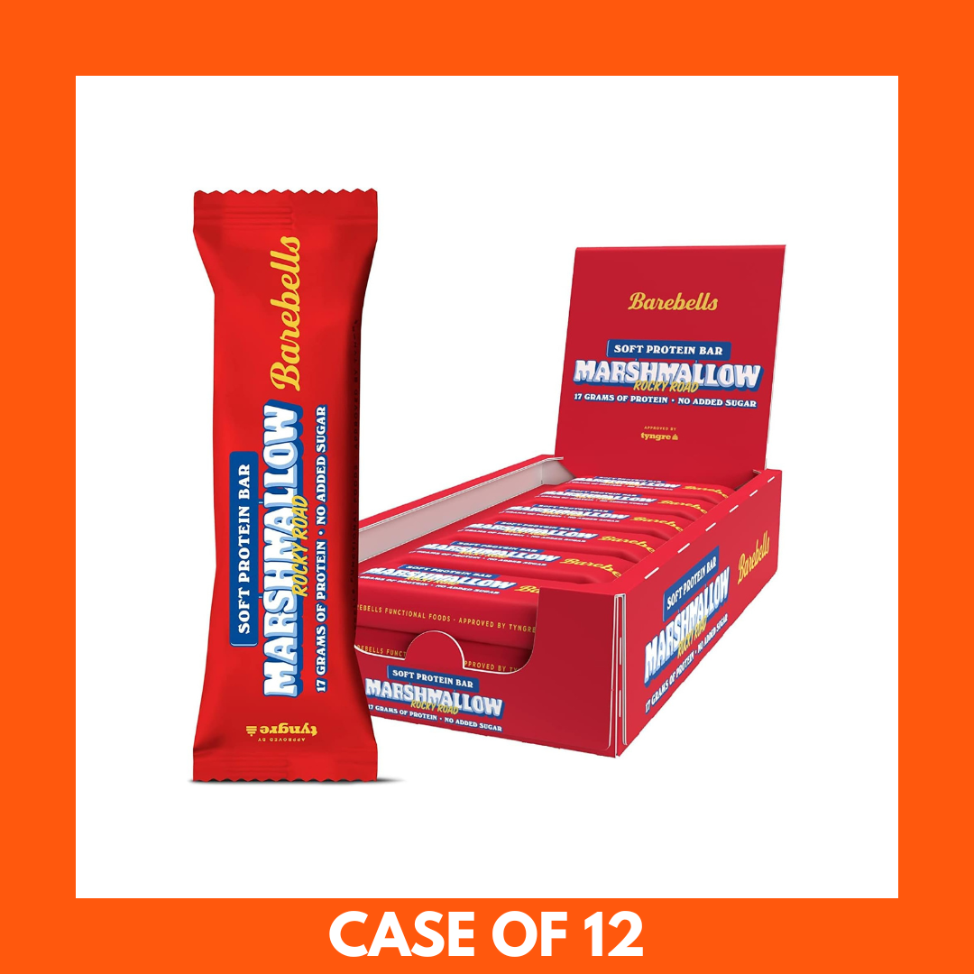 Barebells Rocky Road Protein Bar unwrapped showing chocolate coating