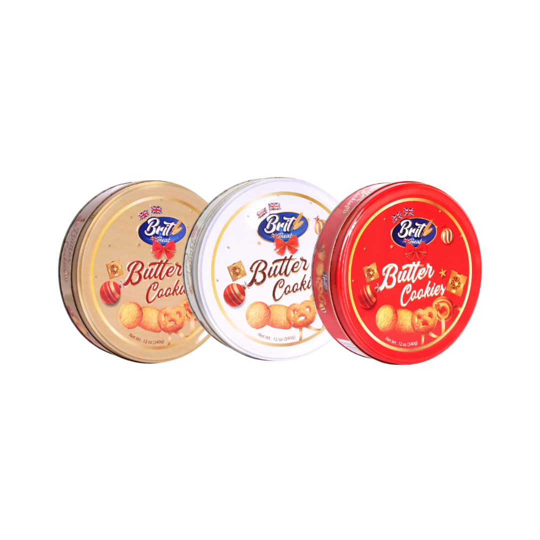 Assorted golden butter cookies displayed beside Christmas decorations