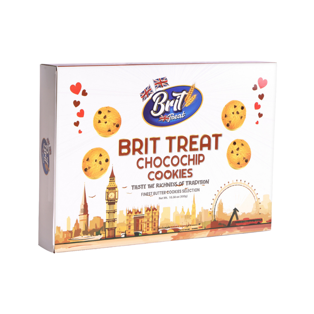 Close-up of buttery Danish cookies with chocolate chips on a white plate