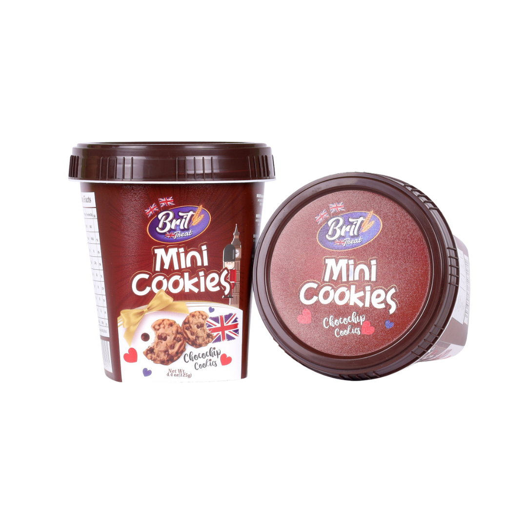 Open mini cup of choco chip cookies spilling onto a table