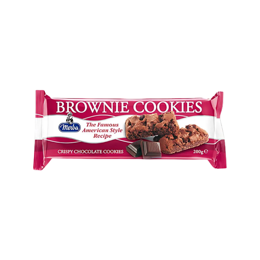 Packaged brownie cookies with Meribe branding on a white background