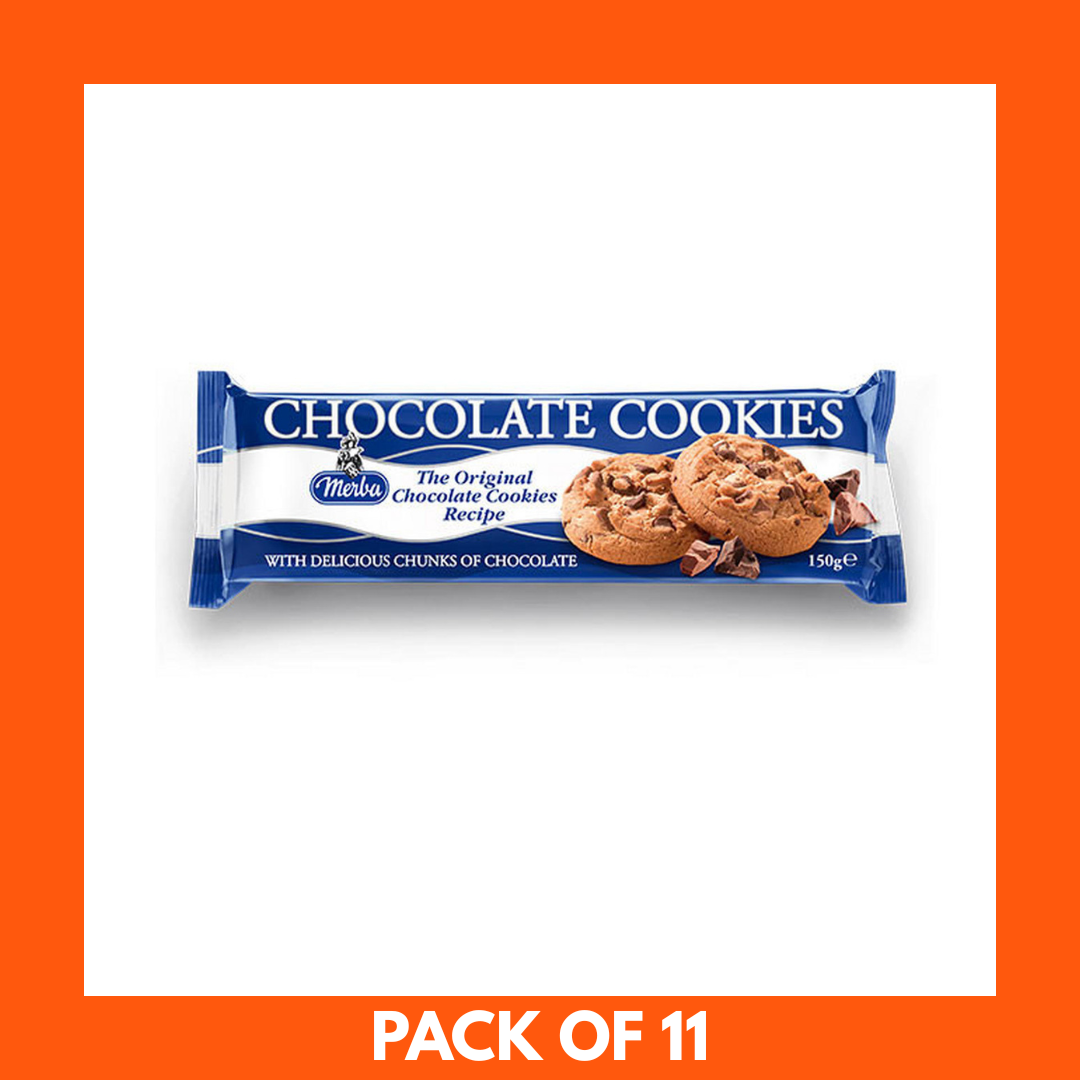 Pack of chocolate cookies with a blue and white label on an orange background