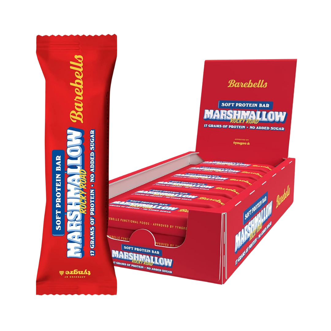 Box of 12 Barebells Rocky Road Protein Bars arranged neatly