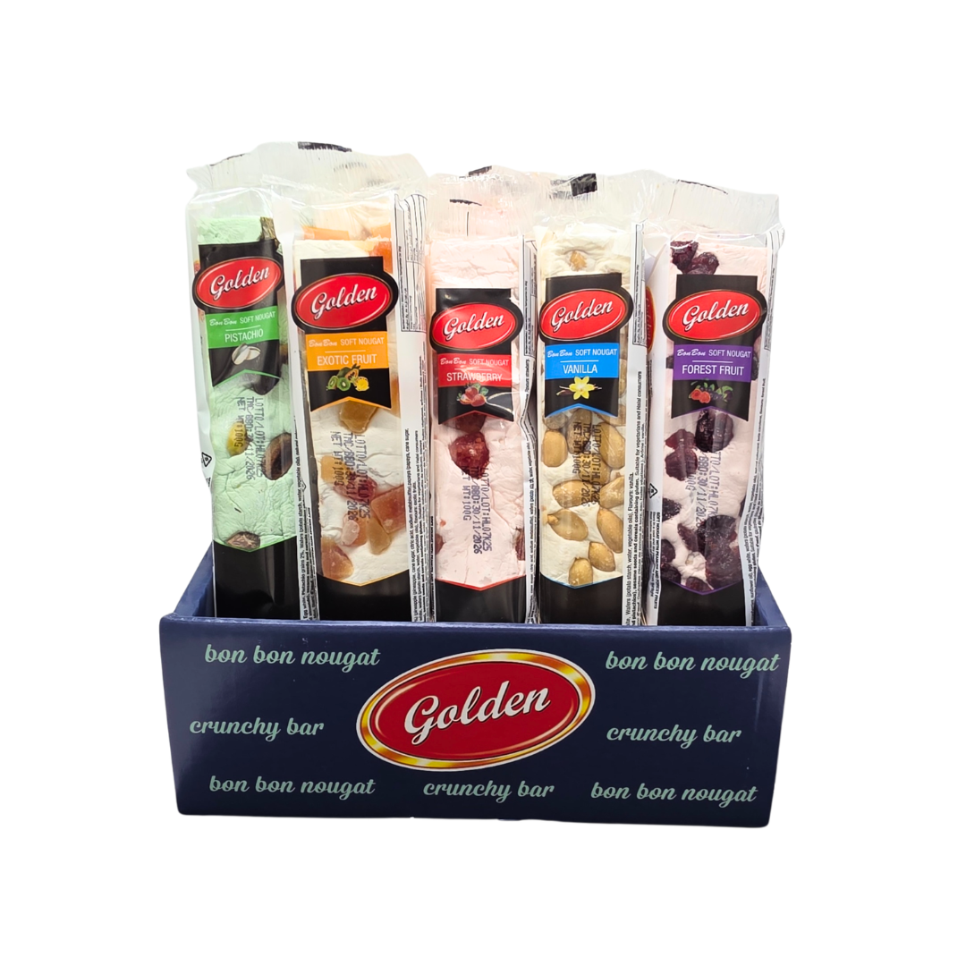 Close-up of pistachio nougat bar showing nuts and soft texture