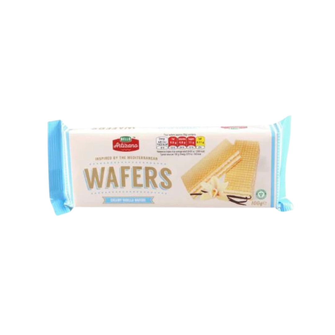 Close-up of golden wafer with creamy vanilla filling