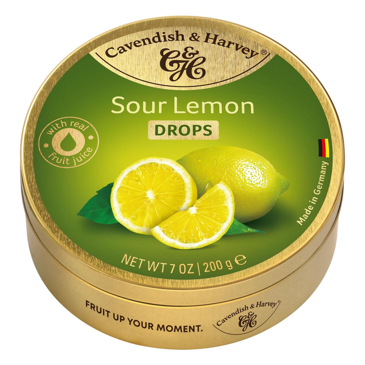 Close-up of Cavendish & Harvey 200g Sour Lemon hard candy drops with glossy yellow lemon sweets and product packaging