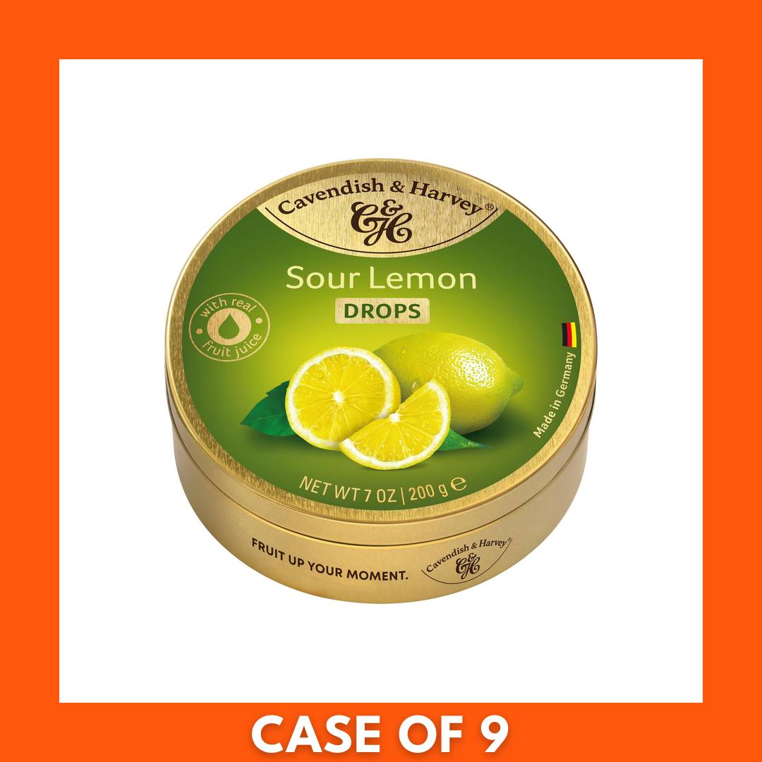 Front view of Cavendish & Harvey Sour Lemon hard candy drops, 200g; lemon-flavored yellow candies in branded packaging