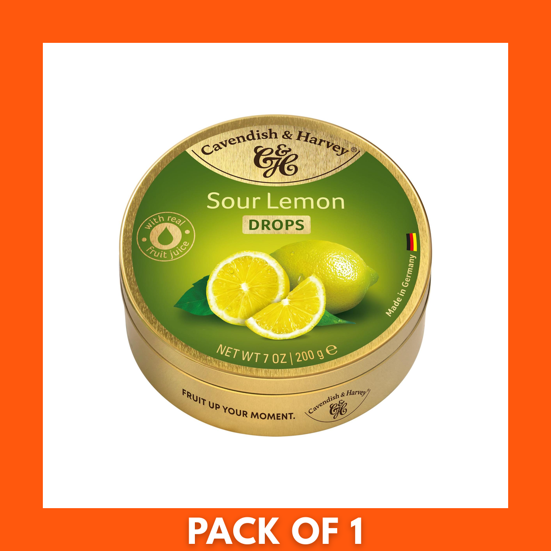 Cavendish & Harvey hard candy drops — Sour Lemon flavor, 200g pack showing bright yellow round lemon lozenges and brand logo