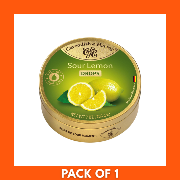 Cavendish & Harvey hard candy drops — Sour Lemon flavor, 200g pack showing bright yellow round lemon lozenges and brand logo