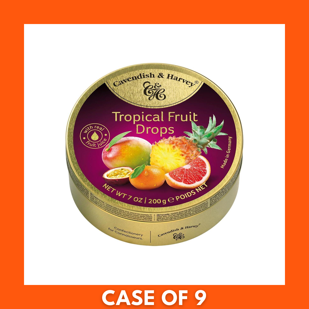 Front view of Cavendish & Harvey 200g tropical hard candy package with logo and fruit illustrations alongside a pile of colorful fruit‑flavored hard candy drops