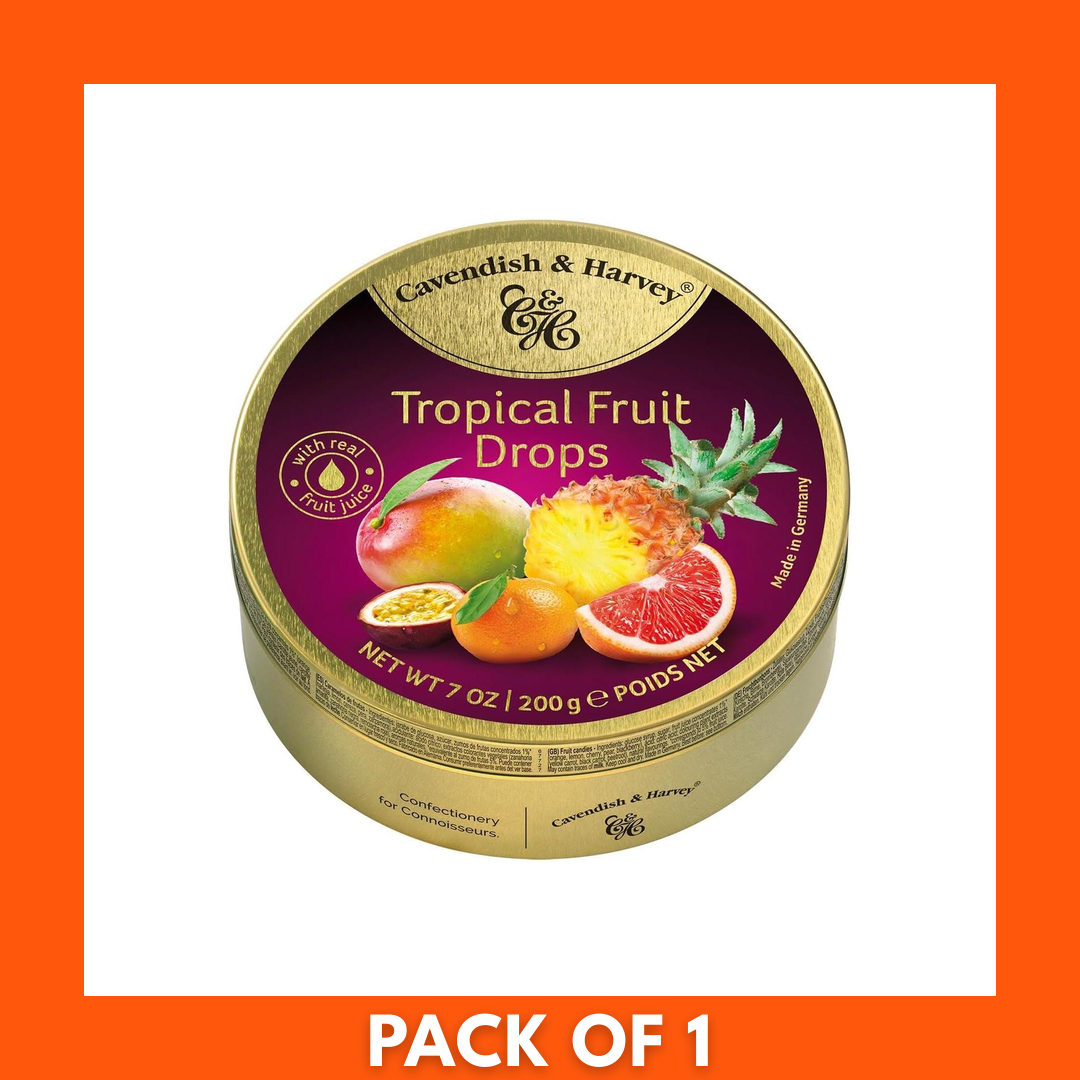 Cavendish & Harvey Hard Candy Drops Tropical 1 x 200g — clear jar with branded label showing assorted glossy round tropical fruit‑flavored candies in bright yellow, orange, red and green