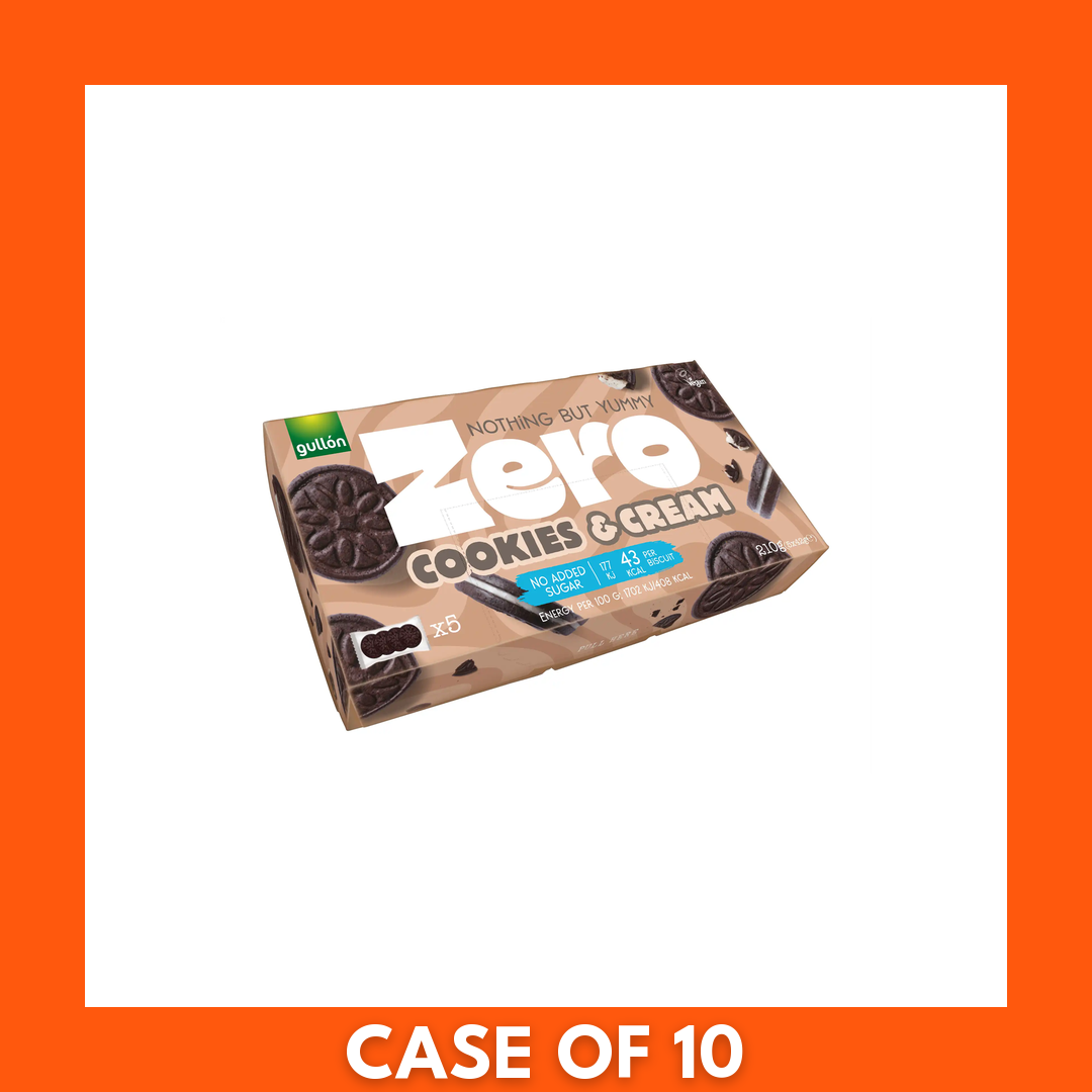 Gullon ZERO Cookies and Cream No Added Sugar 1 x 210g pack — single 210g packet of chocolate sandwich biscuits with white cream filling, no added sugar snack.