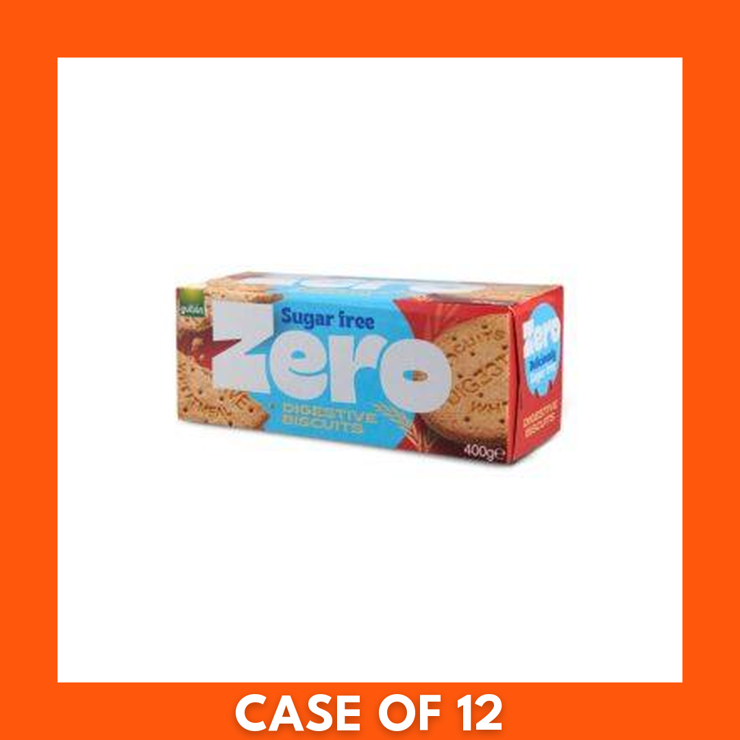 Pack of Gullon ZERO Digestive sugar-free biscuits 1x400g, front packaging with image of round digestive cookies — sugar-free snack
