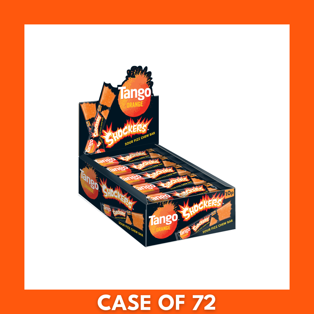 Tango Shockers Orange sweets 10g x72 pack — bright orange single-serve wrappers with bold Tango logo, showing tangy, sugar-coated chewy candies inside.