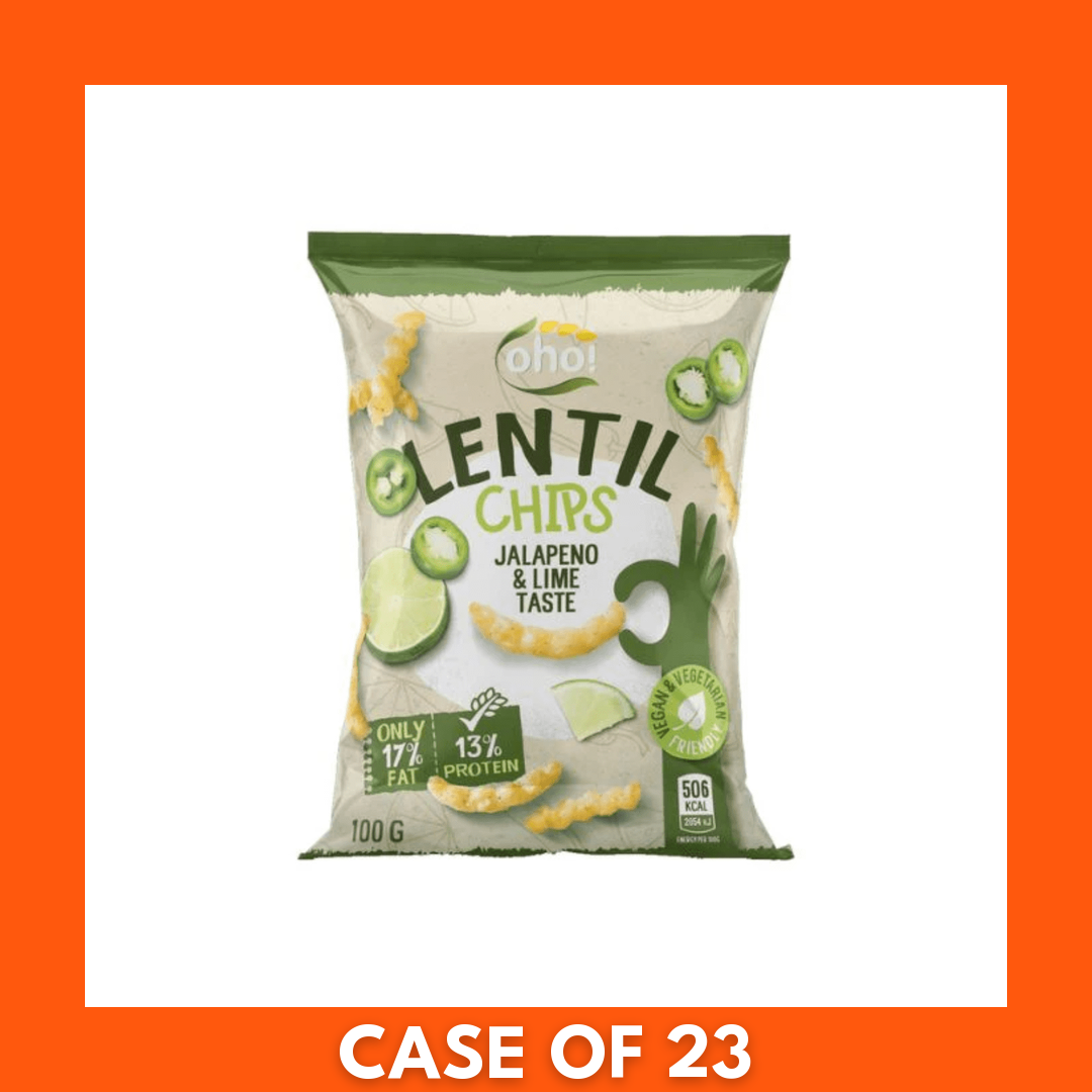 Single 100g bag of Oho Lentil Crisps, Jalapeño and Lime flavor — close-up of the bag with visible lentil crisps and jalapeño slice