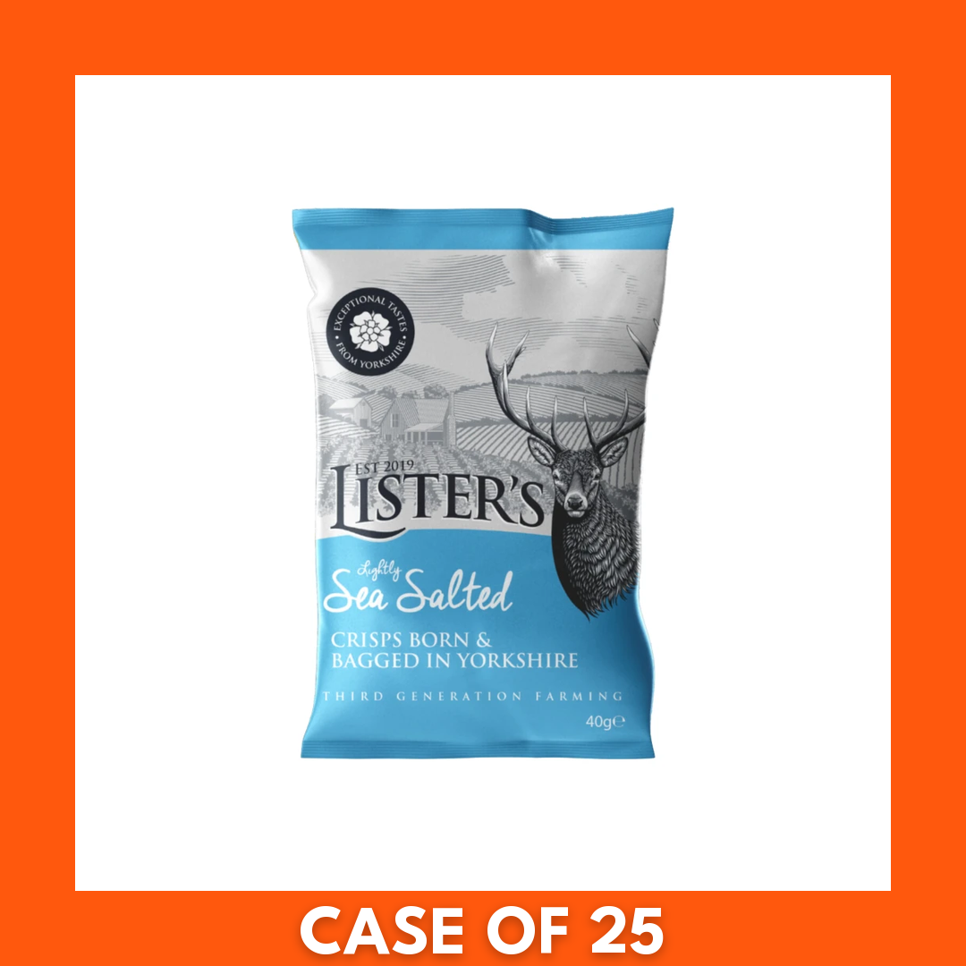 Close-up of a single Listers Crisps Sea Salt 40g bag with the 12-pack stacked behind, showing logo and sea salt flavor