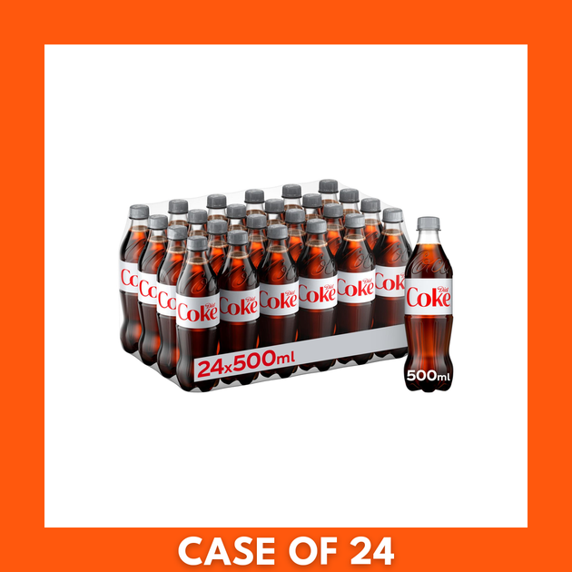 24-pack of 500ml Diet Coke plastic bottles in a cardboard multipack, showing silver labels with red Diet Coke logo