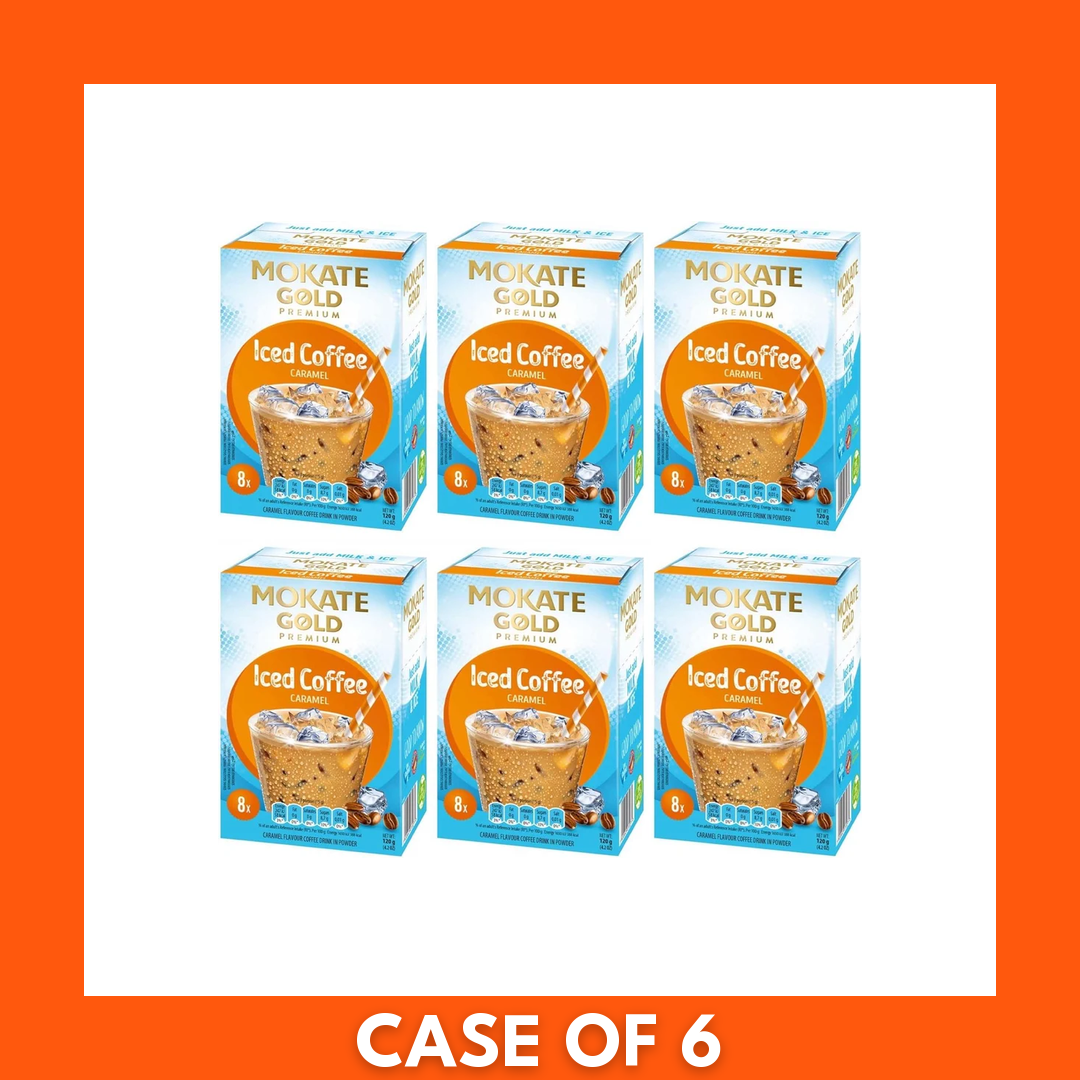 Six-pack of Mokate Gold Premium Coffee Iced Caramel Latte (6×120g), ready-to-drink iced caramel lattes in branded packaging with visible logo