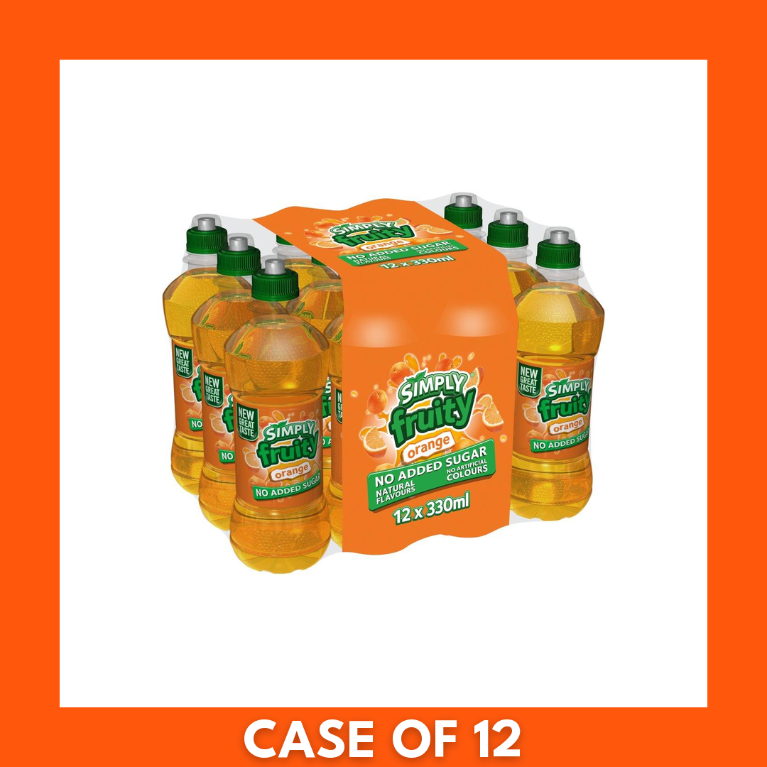 12-pack (12 x 330ml) Simply Fruity Orange drink — row of bright orange-labeled containers showing the Simply Fruity logo and orange-slice graphics