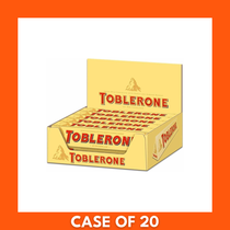Ten 100g Toblerone bars in a bulk pack showing triangular chocolate segments and iconic yellow packaging labeled Toblerone, Swiss honey and almond nougat chocolate