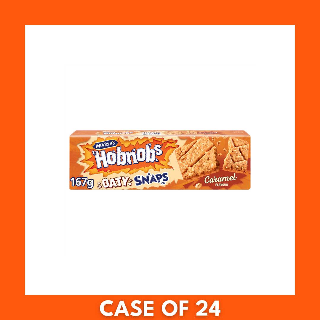 Front-facing 167g McVities Hobnobs Oaty Snap Caramel pack — one bag of crunchy oat biscuits with caramel flavor