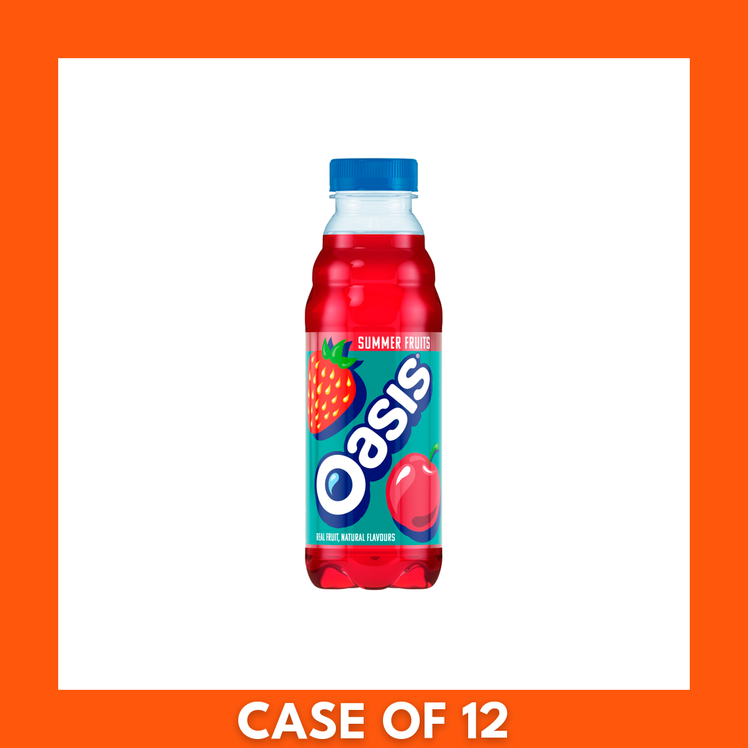 Pack of 12 Oasis Summer Fruits 500ml bottles — clear plastic bottles with colorful summer-fruit labels shown together as a shrink-wrapped multipack.