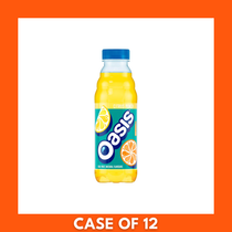 Pack of 12 Oasis Citrus Punch 500 ml bottles — twelve clear PET bottles with bright citrus-yellow labels and fruit graphics displaying the Oasis logo, a multipack of single-serve soft drinks.