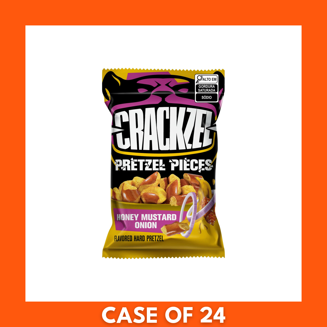 Single 85g bag of Crackzel Honey Mustard and Onion Pretzels, front packaging visible on a plain background.