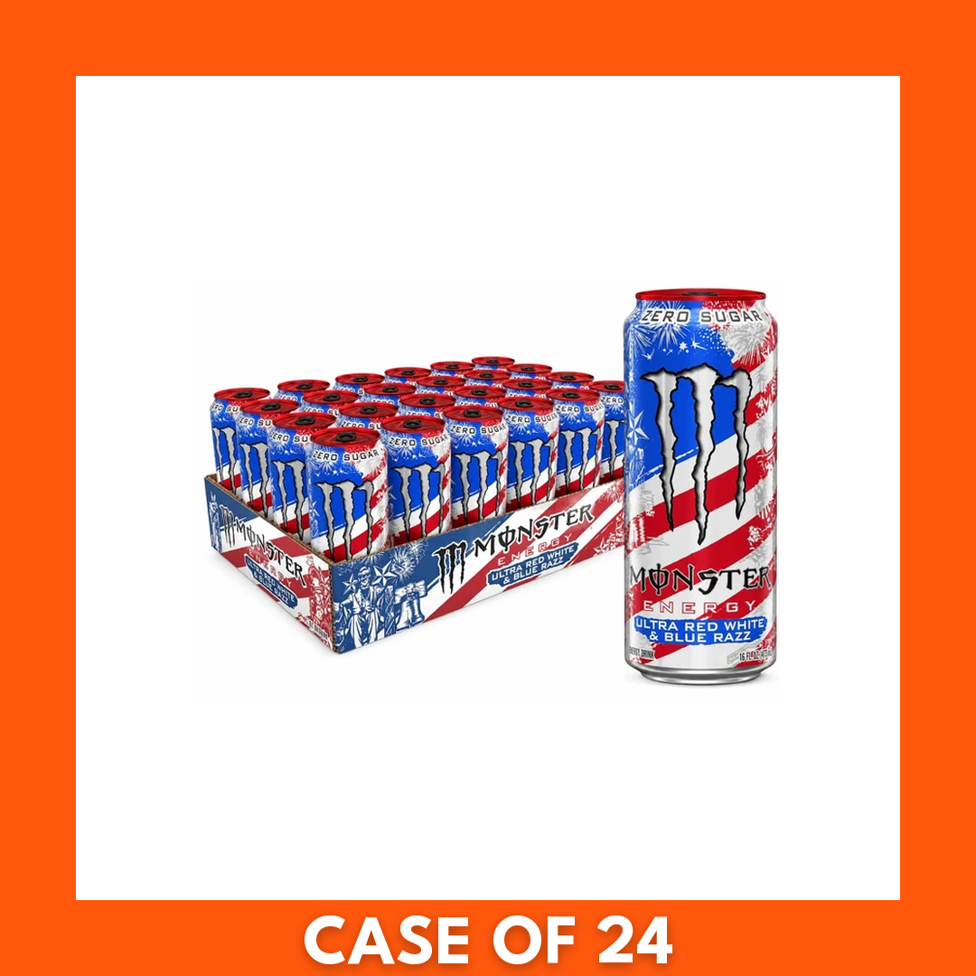 Monster Ultra Red White and Blue 24 x 473ml energy drink pack — box of 24 slim 473 ml cans featuring red, white and blue can artwork with the Monster claw logo