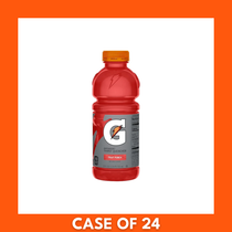 Gatorade Fruit Punch 24 x 591ml — 24-pack of clear 591ml plastic bottles filled with red fruit punch, each bottle labeled with the Gatorade logo and lightning bolt, arranged in a cardboard case