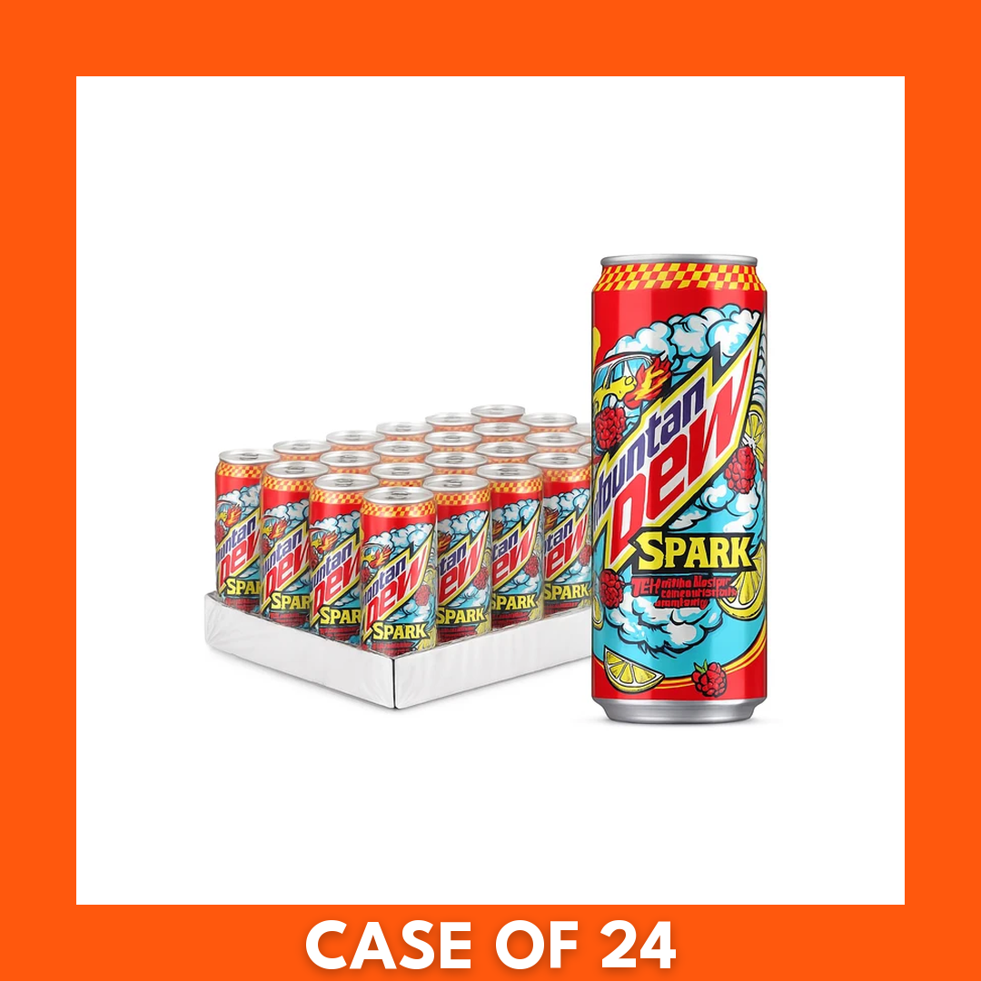 Pack of 24 Mountain Dew Spark 330ml cans in a branded cardboard multipack featuring neon-green and black can design with the Mountain Dew Spark logo