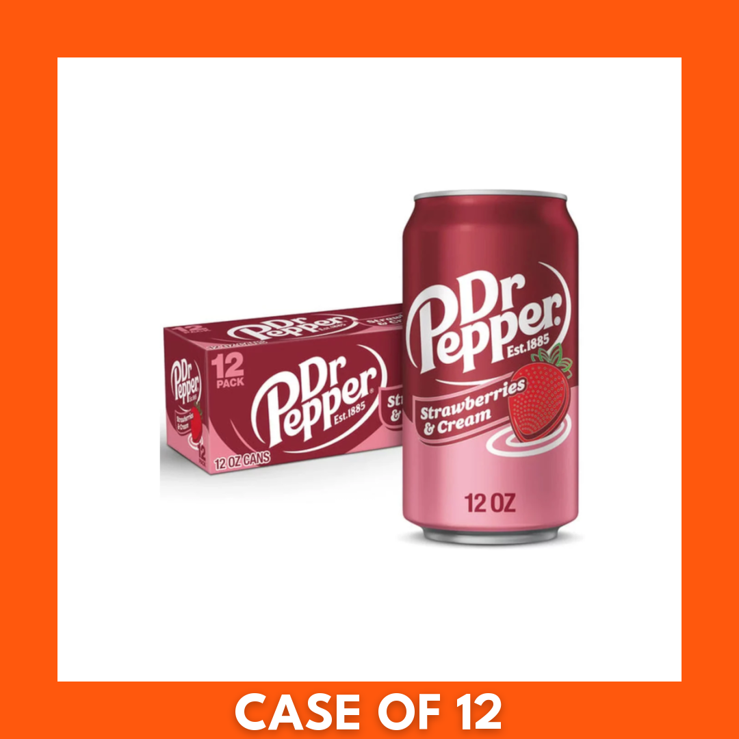 Pack of 12 Dr Pepper Strawberry & Cream 355ml cans in pink-and-cream branded packaging displaying the Dr Pepper logo and strawberry-and-cream flavor artwork.