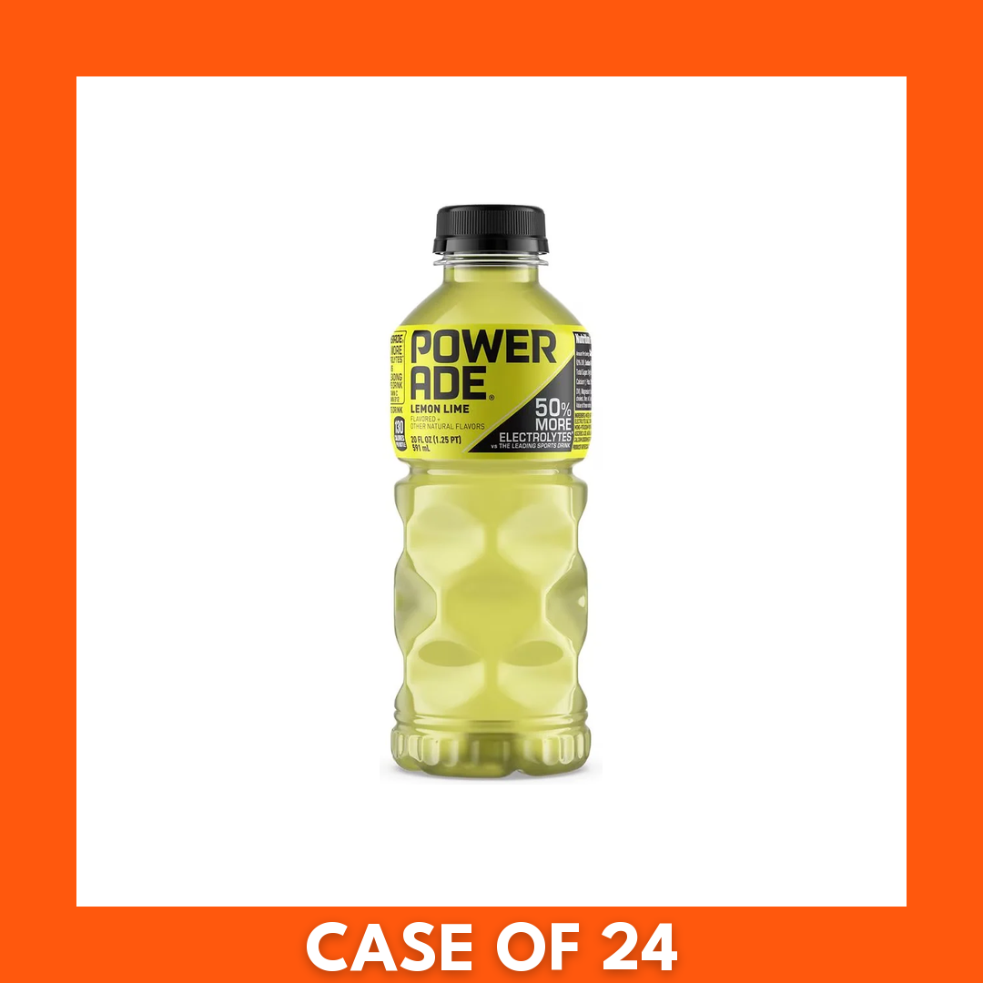 24-pack of Powerade Lemon Lime sports drink bottles (24 x 591 ml) in clear plastic with green-yellow labels and sport caps, shrink-wrapped in a cardboard tray