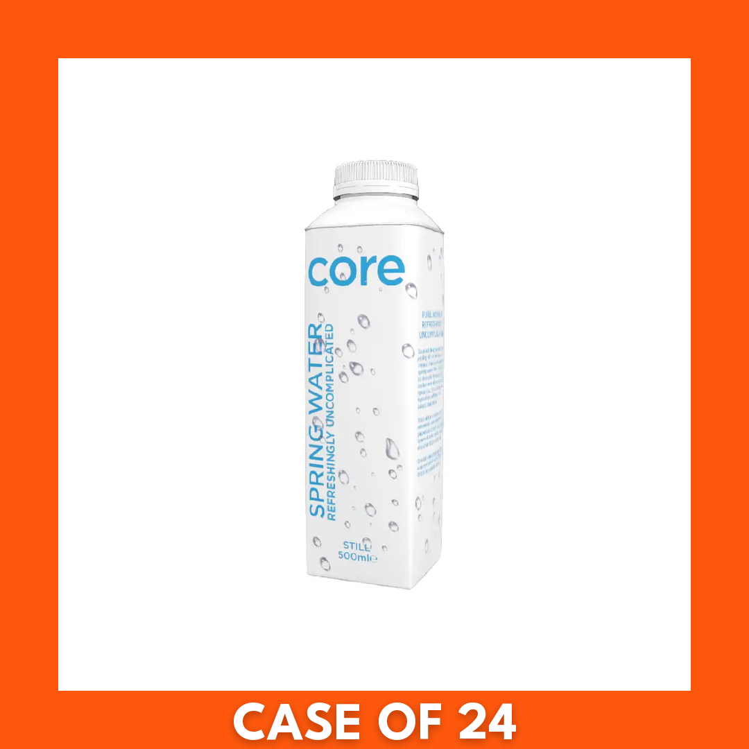 24-pack of Core Spring Water 500ml Tetra Pak cartons in a boxed tray, neatly arranged with visible Core branding and 500ml volume information