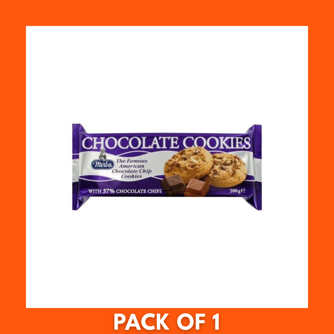 Merba Chocolate Chunk Cookies 200g single pack — front packaging with brand logo and photo of chocolate-studded cookies