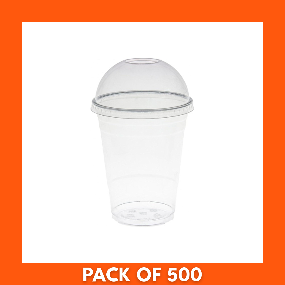 Bundle of 500 16oz smoothie cups and lids shown in a neat stack — lightweight, clear disposable cups designed for to-go smoothies, shakes and beverages.