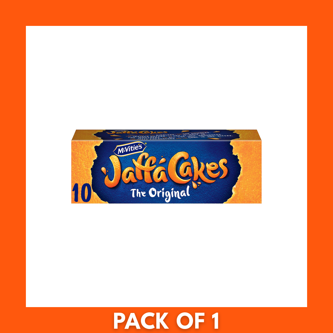 McVities Jaffa Cakes pack of 10 box with brand logo and images of chocolate coated sponge cakes with orange jelly