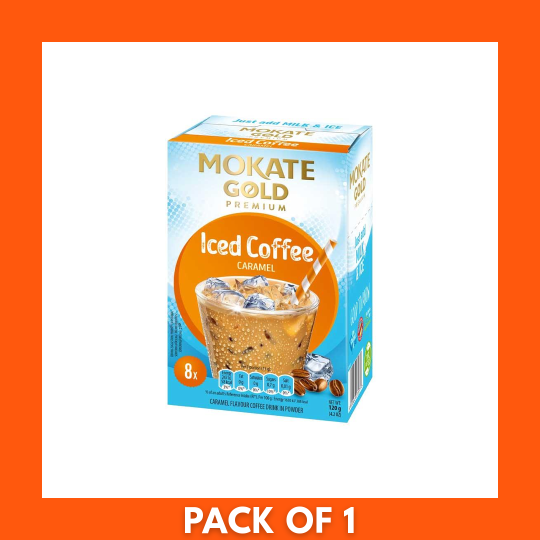 Mokate Gold Premium Caramel Iced Coffee packaging beside a chilled glass of caramel-colored iced coffee with ice cubes, creamy swirl and condensation on the glass, label clearly visible