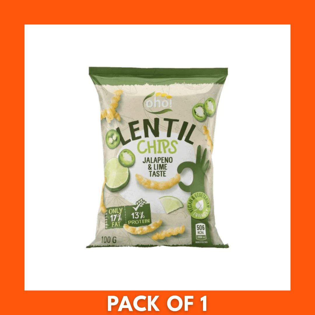 Oho Lentil Crisps Jalapeño & Lime, 1 x 100g bag — green-accented packaging showing crisps and jalapeño-lime graphics