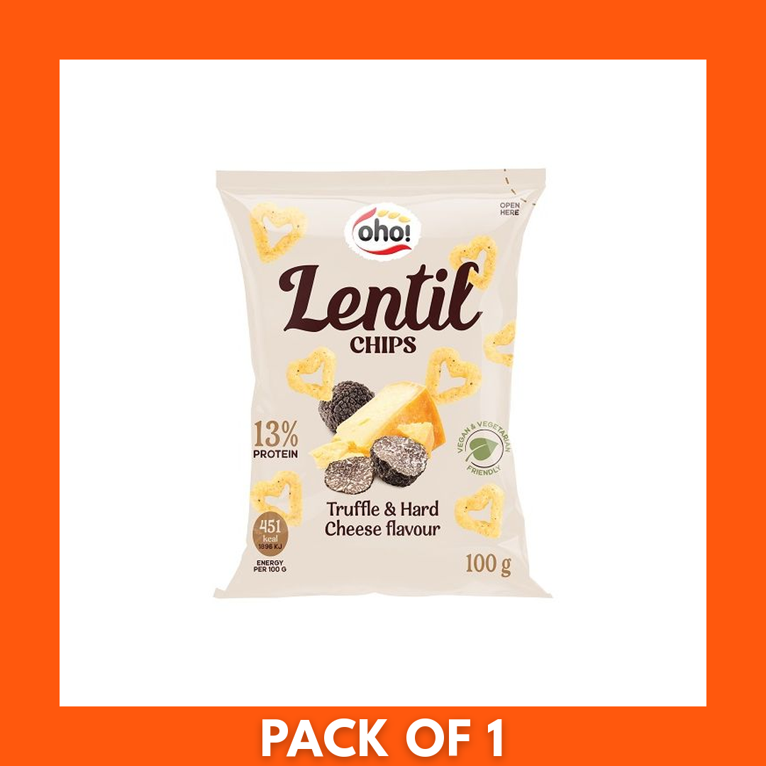 Close-up of Oho Lentil Crisps Truffle and Hard Cheese spilled into a bowl with the 100g bag visible in the background