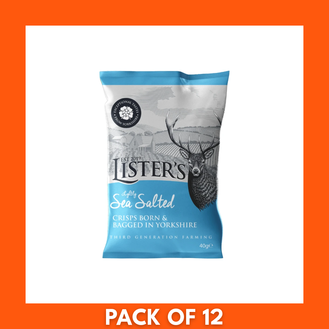 Pack of twelve Listers Crisps Sea Salt 40g — twelve individual 40g bags of sea salt-flavored crisps in branded packaging