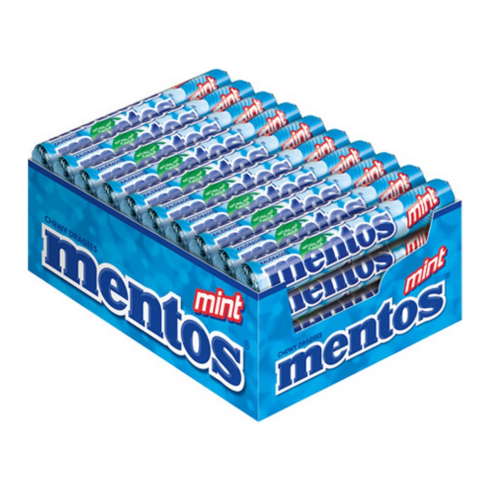 Opened Mentos Chew Blue Mint pack showing 40 blue-wrapped rolls spilling from a single box — chewy, refreshing mint candy.