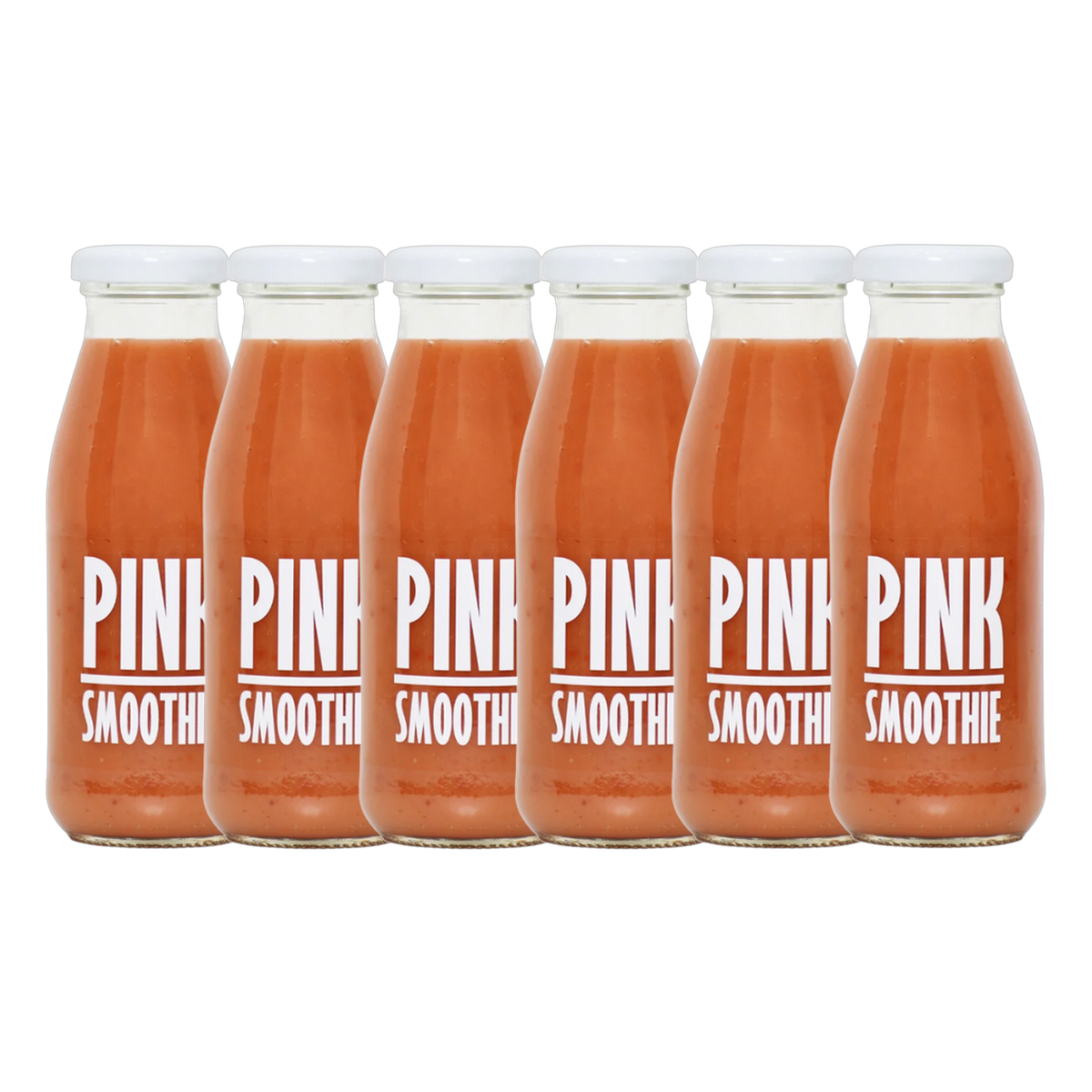 A bottle of Pressuice Pink Smoothie alongside fresh strawberries, raspberries, and bananas.