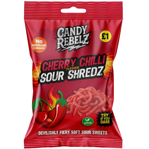 Close-up of a single CandyRebelz Cherry Chilli Sour Shredz 120g pouch and a ten‑pack box: bright red sour shred candy, Cherry Chilli flavour, 10 x 120g retail pack